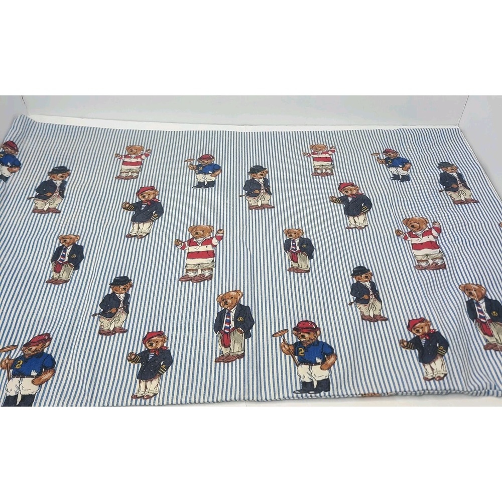 Vtg Ralph Lauren Bear One Pillowcase Preppy Polo Rugby Blue White Striped‎ READ